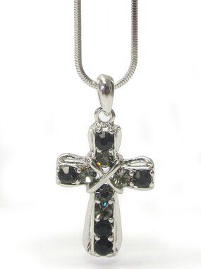 Small Crystal Cross Necklace - Black/Smoke
